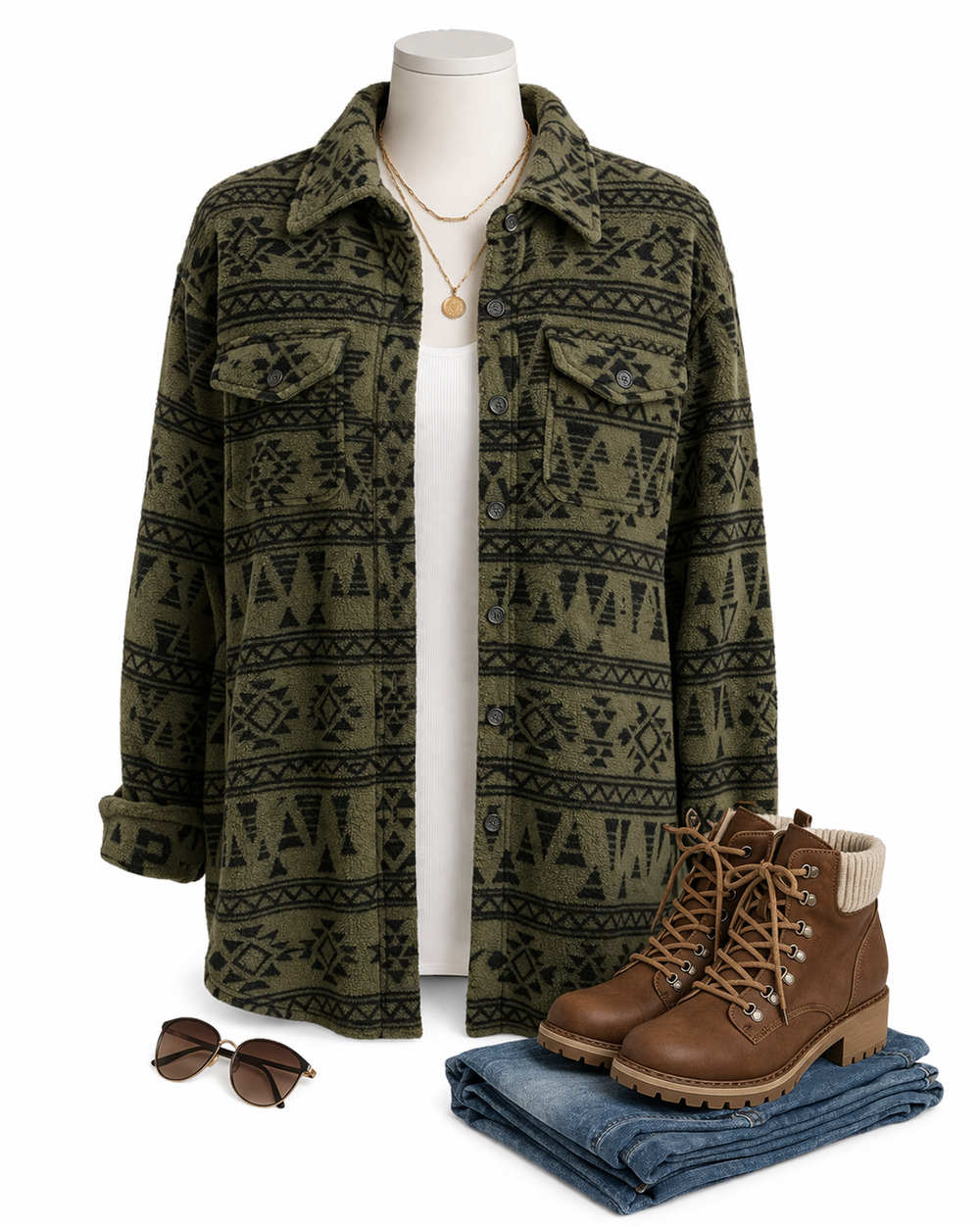 Hawke & Co Outfitter Green Aztec Print Fleece Jacket Size Women's Large
